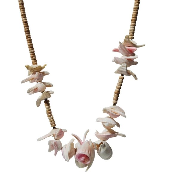 Vintage Hawaiian Shell Necklace Wood Beads Beach Core Seashell Fashion Jewelry - Picture 1 of 7